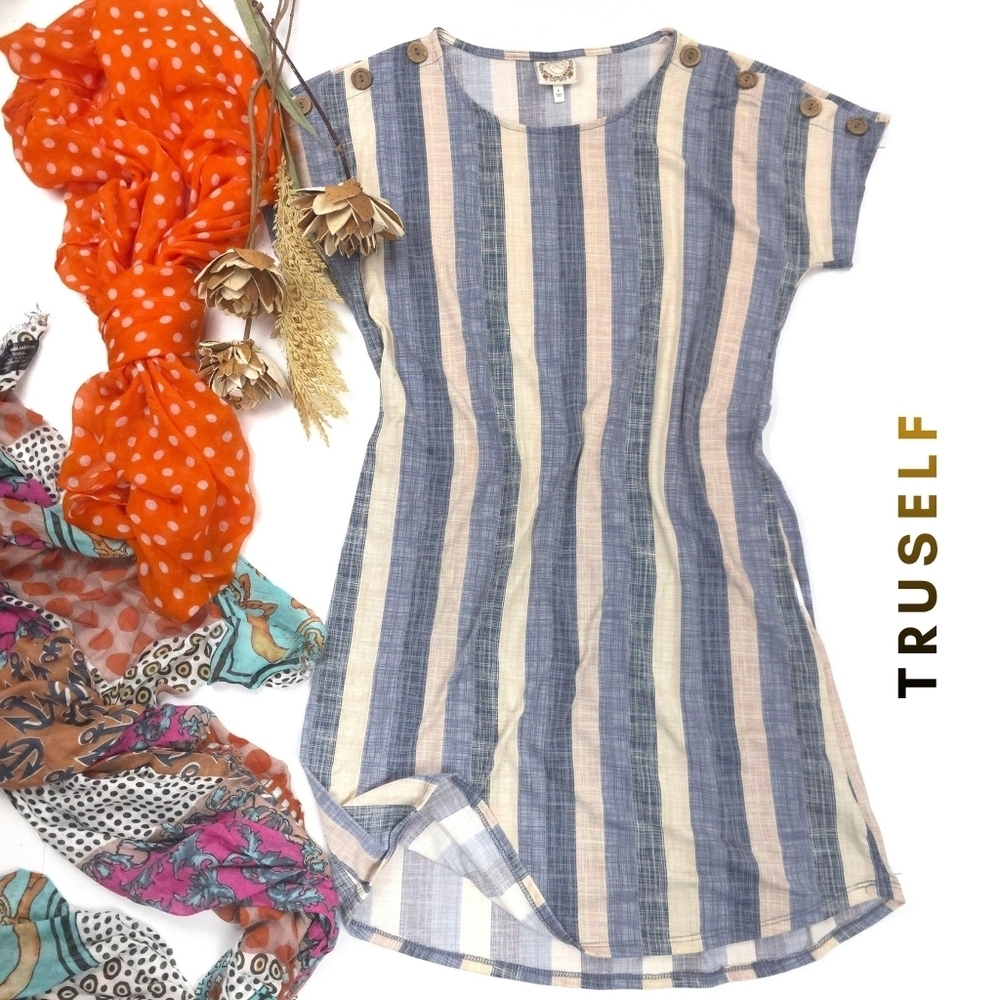 TruSelf Striped Linen Blend Tunic Dress - Blue & Cream L